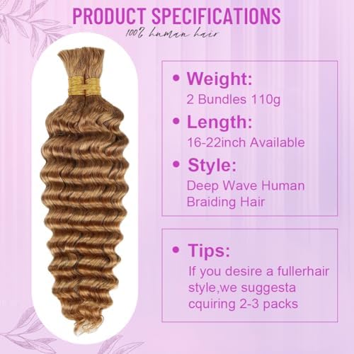 100 Percent Human Boho Braiding Hair DeepWave Bulk Boho Hair for Braiding Curly BundlesHuman Hair for Boho Braids Wet and WawBraiding Hair Extension No Weft (18inch,#27Honey Blonde) - 2