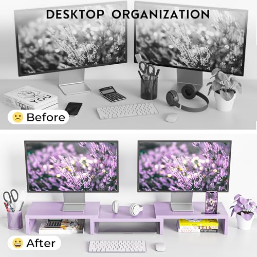 Image of BONTEC Dual Monitor Stand Riser with Smartphone Holder, Adjustable Length & Swivel Angle, Ergonomic Wooden Desktop Organizer for PC Monitor, Laptop, Printer, Large Storage, 42.5 in, Purple