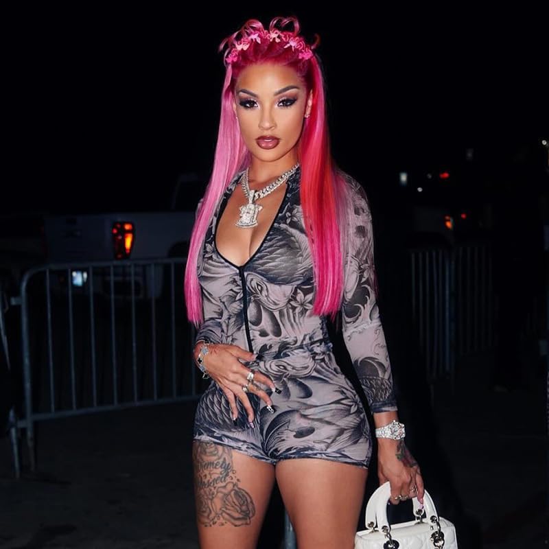 Women's Club Outfits Sexy Mesh See Through Print Zipper Top Bodycon Shorts Set Y2K Rave Night Out Streetwear - Image 4