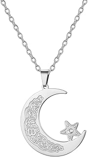 Collier islamique Ayatul Kursi Pendentif musulman croissant de lune et étoile Calligraphie arabe Allah Amulette Bijoux religieux Cadeau pour l'Aïd et le Ramadan pour femmes et hommes