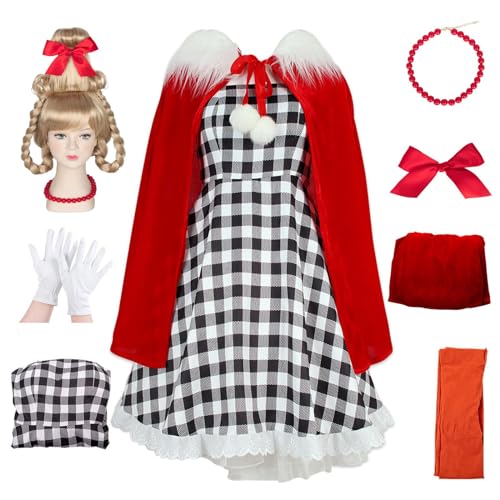 Pigmiss 7PCS Cindy Lou Who Costume Kids Girls Houndstooth Dress with Cindy Wig Cape Christmas Cosplay Costume Accessories (L)