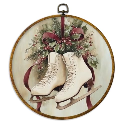 XPH Vintage Christmas Ice Skates Round Wall Art Framed, Christmas Skating Circle Wall Decor, Rustic Xmas Cozy Winter Holiday Hanging Canvas Prints for Home Bedroom Living Room Decoration, 10x10 Inch