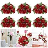 Artificial Flower Wedding Centerpieces - 10.6inch Red Rose Silk Floral Half Ball 6Pack - Faux Flower Balls Plastic Base for Event Table Arrangement Party Home Room Décor