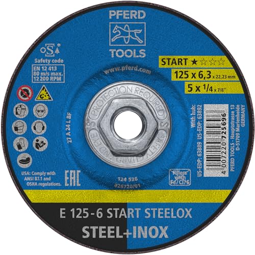 Image of PFERD Start STEELOX Grinding Wheel, 5" x 1/4", 5/8"-11 Thread, Type 27, Aluminum Oxide – for Angle Grinders – Use on Steel & Stainless Steel (Pack of 10) - Part 63892