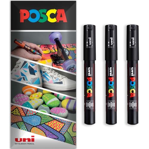 Posca - Water Based Permanent Marker Paint Pen - Multi Surface Use - PC-1M - Pack of 3 Pens in Wallet (Black)