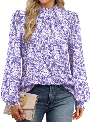 Image of WIHOLL Long Sleeve Shirts for Women Mock Neck Tops Pleated Front Blouses Dressy Casual Spring Fall Clothes 2026 Fashion