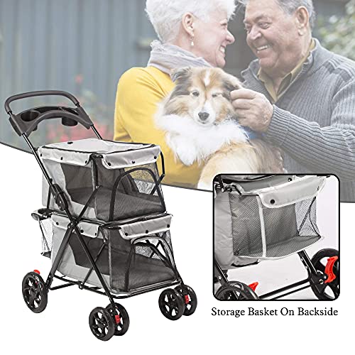 Folding Dog Stroller Travel Cage Stroller for Pet Cat Kitten Puppy Carriages - Large 4 Wheels Elite Jogger - Single or Multiple Pets (Gray - 2 cage)