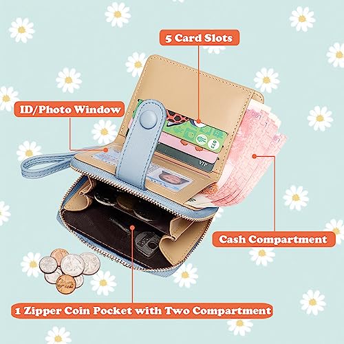 Sunwel Fashion Cute Daisy Flowers Print Wallets with Exterior Zipper Around Coin Purse Bifold Bill Wallet with Credit Card Holder Id Window (BLUE)2