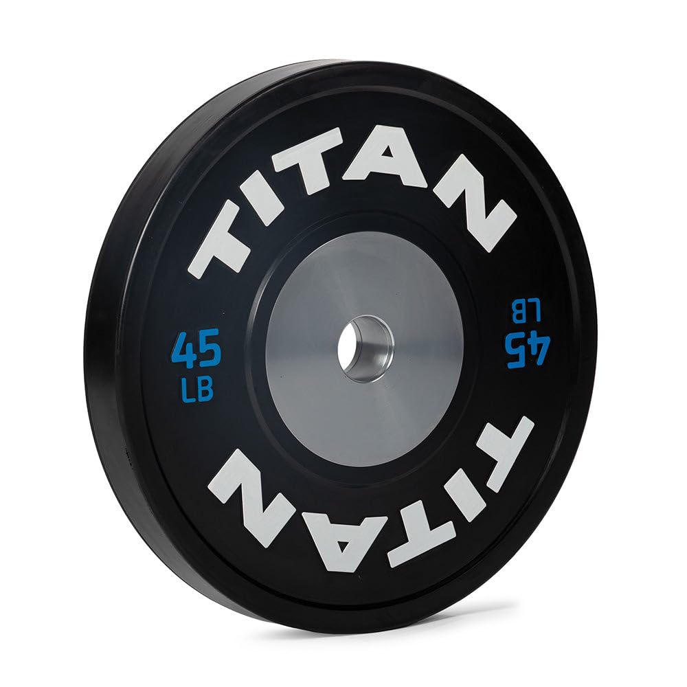 Titan Fitness Elite Competition Bumper Plate, Color-Coded Weight Indicators, Olympic Weight Plate, Low Bounce Rubber Exterior with Steel Core (45 LB Single)