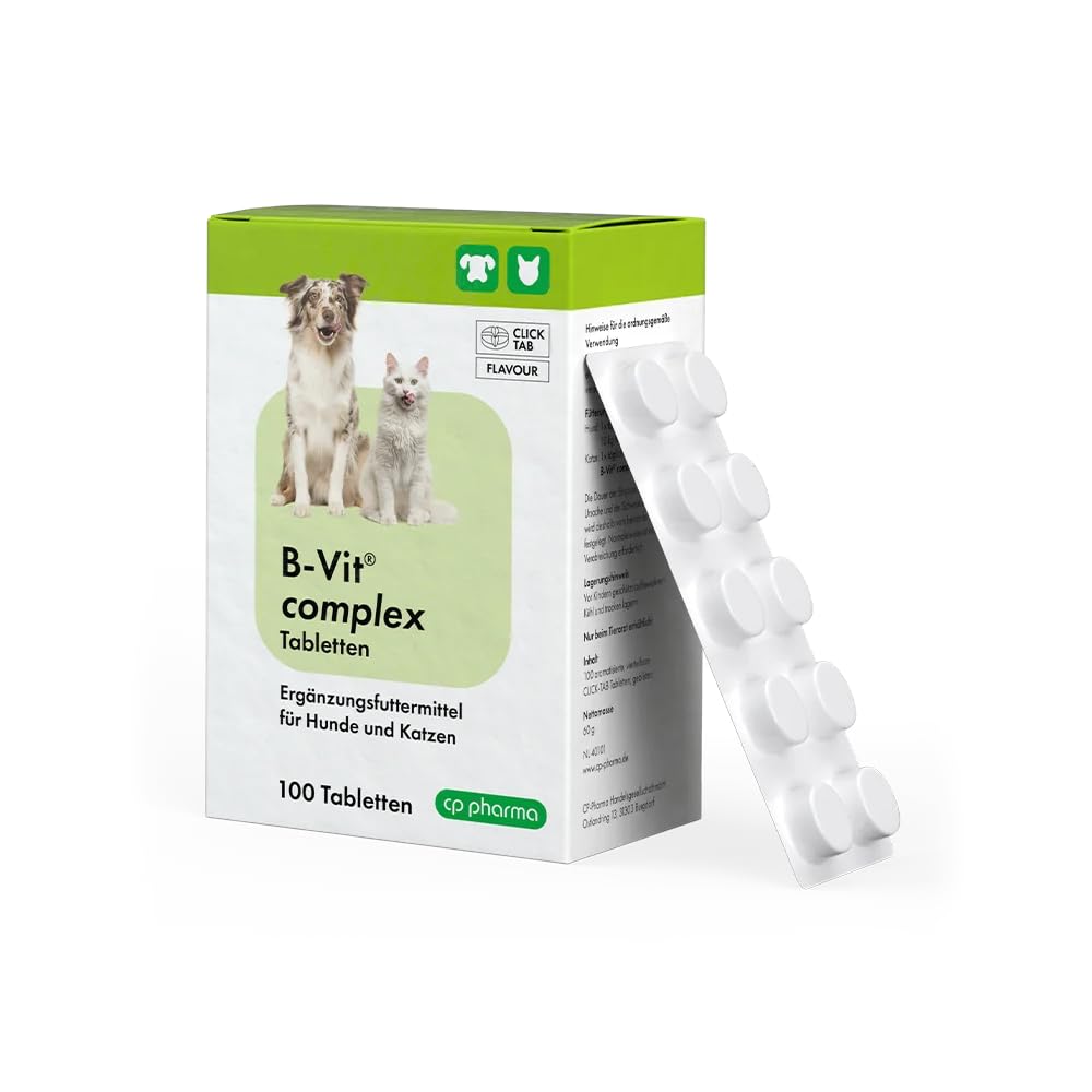 cp-pharma B-VIT Complex Tabletten | 100 Tabletten | Ergänzungsfuttermittel für Hunde und Katzen | Kann dabei helfen ein Mangel an B-Vitaminen auszugleichen | Viertelbare Smart-Tabs