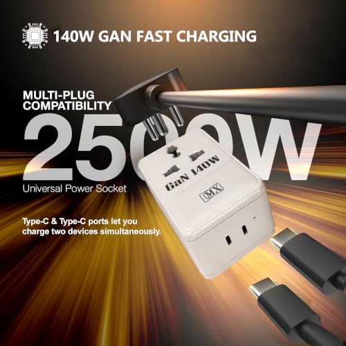 Image of MX 3-in-1 140W PD Fast Charging MultiPort Adapter with 2500W Universal Socket, Dual Type-C, Socket for India, US, UK, EU, AU, Compact Design for Bedside Use, Multi Plug Power Adapter ISI approved Plug