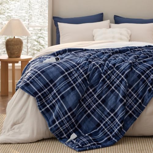 Image of Bedsure Blue Plaid Electric Blanket Twin, Flannel Sherpa Heated Blanket