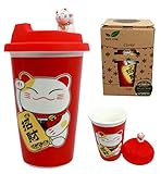 Atlantic Collectibles Lucky Cat Maneki Neko Ceramic Tall Drink Mug Cup With Silicone Lid (Red)