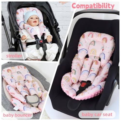 Image of Infant Car Seat Insert, Car Seat Head Support Baby Girls with 2 Strap Covers, Soft & Reversible Newborn Carseat Insert Cushion for Stroller, Swing, Bouncer (Pink Rainbow)
