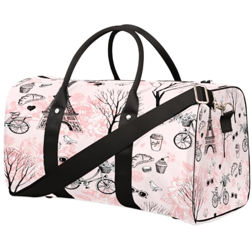 Paris Eiffel Tower Travel Duffel Bag, Pink Flower Bike Sports Tote Gym Bag, Foldable Weekender Overnight Bag, Luggage Handle Bag for Women Men