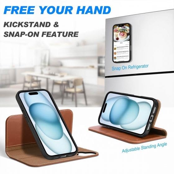 Image of WHITBULL Flip Case Detachable Leather Wallet Cover Removable 2 in 1 Smart Case Compatible with iPhone 16 Plus /iPhone 16 Max (Brown)