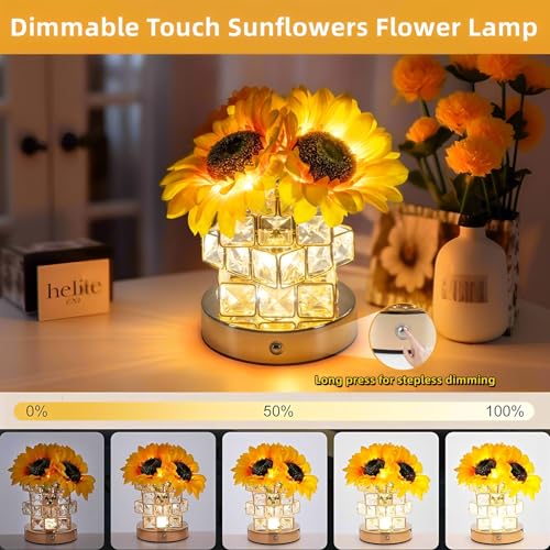 Image of Sunflowers Flower Lamp Cordless Touch Night Light Birthday Gifts for Women | Rechargeable Small Bedside Lamp,3-Colour Stepless Dimming Crystal Flower Table Lamps for Living Room Bedroom Decor Gift
