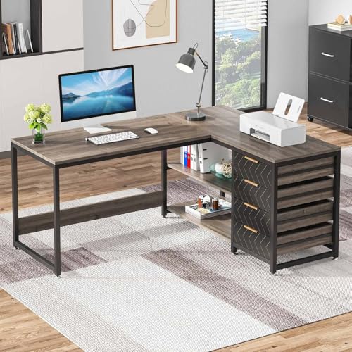 Aouoeeo Escritorio en Forma de L con cajones y estantes, Escritorio de Esquina Reversible, Mesa de computadora en Forma de L para Oficina en casa con Almacenamiento, Gris, 150 x 110 x 75 cm