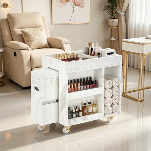 BarberPub Pedicure Cart with Diverse Storage Spaces Lockable Mobile Foot Nail Trolley Pedicure Tool Organizer with Foot Rest Pad for Beauty Salon (19.7(L))