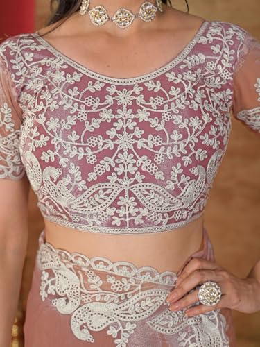 Image of Satrani Women's Net Embroidery Saree with Unstitched Blouse Piece