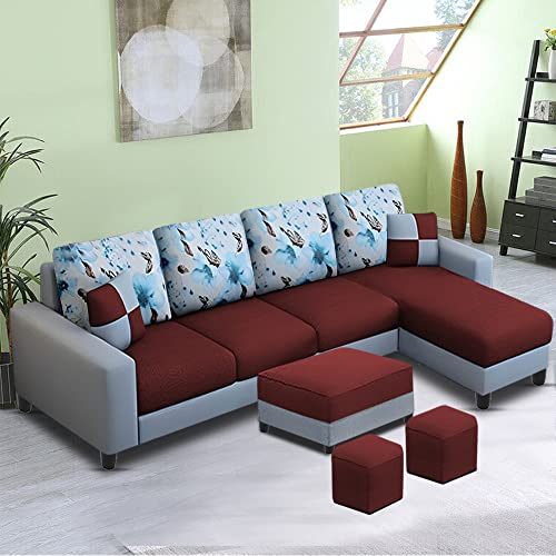 Image of Orland 8 Seater RHS L Shape Sofa with Center Table & 2 Puffy | Color - (Maroon Grey Fabric)