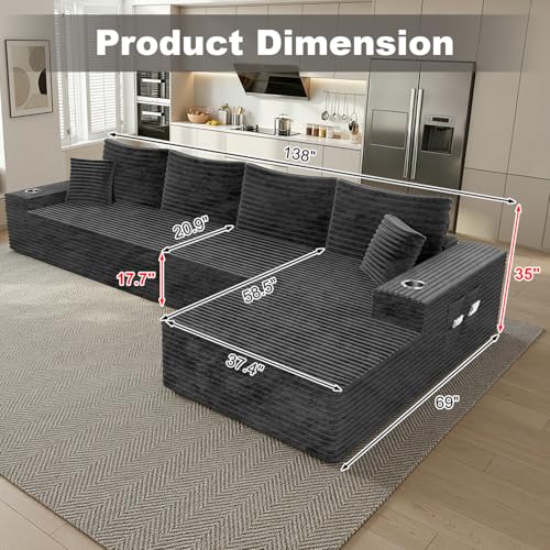 Image of 106 inch Cloud Modular Sectional Couch with Ottoman, Modern U Shaped Corduroy Sofa, Higher 17.7 inch Seat Height, 32D Pure Foam,Built in Cup Holders,No Assembly for Living Room (Dark Gray,Right Facing Chaise)