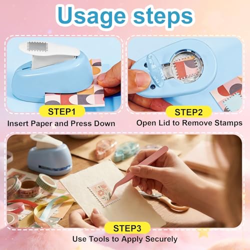 Image of 2 PCS Stamp Puncher, Postage Stamp Punch with Double-Sided Adhesive Tape, Craft Scrapbooking Tool for DIY Card Making, Junk Journal Stamp Cutter, Art Project Suppliesl,0.78in*0.59in