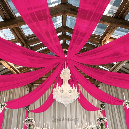 Image of FOTSHARER Ceiling Drapes for Weddings Hot Pink 5x30FT 2 Panels Fuchsia Chiffon Arch Draping Chiffon Fabric Sheer Curtains for Backdrop Tulle Ceiling Drapery for Bridal Shower Wedding Reception Decor