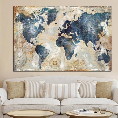 Toile carte du monde vintage 50x80 cm avec cadre intérieur pour salon
