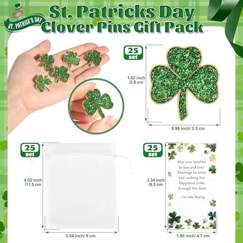 Image of SINCCO 25 /50 /100 Sets St. Patricks Day Clover Lapel Pins Bulk Shamrock Pin Brooches with Irish Blessing Cards Gift Bags for St. Patrick's Day Party Favors Jewelry Accessories
