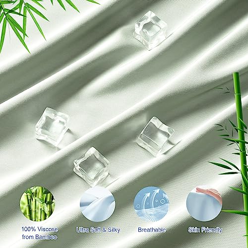 Phf 100% Viscose From Bamboo Cooling Fitted Sheet Queen Size For Hot Sleeper，Deep Pocket, 2.5Cm Wider Strong Elastic Band Easy Fit Easy Care, Breathable Silky Smooth Soft, 60"X 80", Sage Green #TOP1