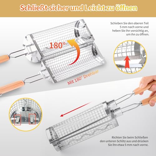 Leerweii 2 Stück Grillkorb Edelstahl mit Doppelten Holzgriffen, Seitlich zu öffnendes Design Rollengrillkorb mit Reinigungsbürste Grillzubehör für Außengrill für Gemüse Fleisch, Geschenke für Männer