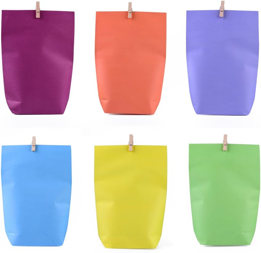 ewtshop24 Party Bags with 24 Wooden Pegs / Gift Bag Set Consisting of 24 Bags in 6 Bright Colours and 24 Wooden Pegs