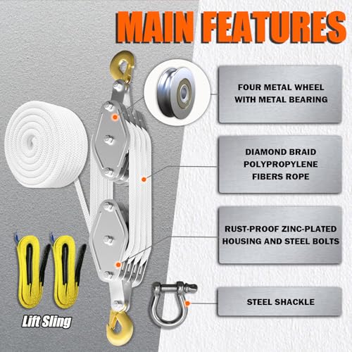 YATOINTO Rope Pulley Hoist 4400 LB, Pulley Block with 3/8\" Shackle and 2PCS Lift Sling, 8:1 Lifting Power Block and Tackle Pulley System, 65ft Heavy Duty Rope Hoist for Garage Warehouse Constructions