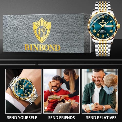 Image of BINBOND Men's Watch Luxury Business Dress Analog Quartz Stainless Steel Casual Date Wrist Watches for Men Easy Read Roman Numeral Large Dial Waterproof Luminous