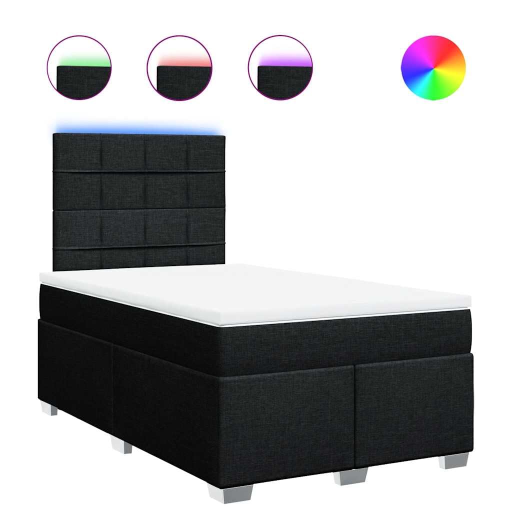 Poliester ze sprężynami kieszeniowymi z oświetleniem LED czarny 120x200 cm | Łóżko kontynentalne 120x200 z materacem kieszeniowym, czarne, tkanina poliestrowa, z LED i regulowanym zagłówkiem