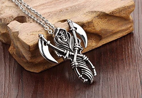 AZYOUNG Mens 316L Stainless Steel Retro Silver Grim Reaper Skull Head Pendant O-chain Necklace - Image 4