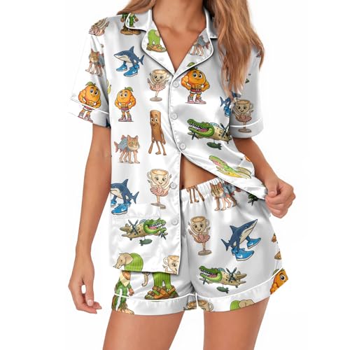 Image of Women 2PCs Satin Pajama Set Short Sleeve Silk Feel Gift Sleepwear