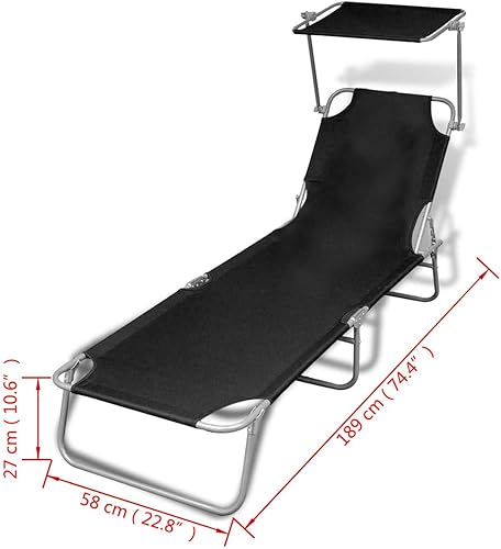 Miniatura 9 de vidaXL Tumbona plegable con toldo de tela de acero negro asiento de silla relajante