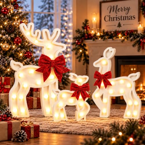 Novabright 3 Pcs Christmas Light up Decor Wooden Reindeer LED Tabletop