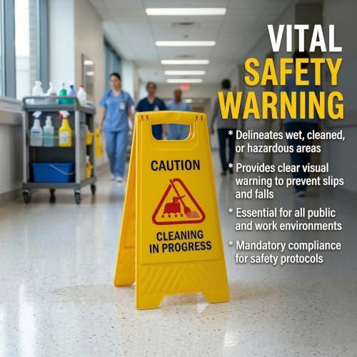 Image of Cleaning in Progress Caution Sign Board - Foldable ABS Plastic Safety Warning Stand for Floor Cleaning Areas, Indoor & Outdoor Use