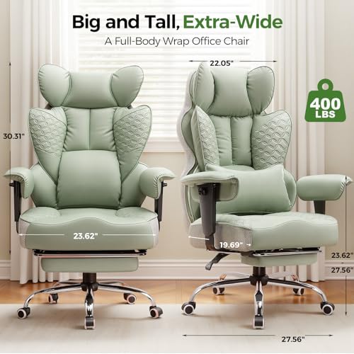 Image of GTPLAYER Big and Tall Gaming Chair 400lbs Heavy Duty Office Chair with Foot Rest & Ergonomic Pocket Spring Lumbar Support, High Back 3D Saddle Shaped Cushion for Back Pain Relief, Green
