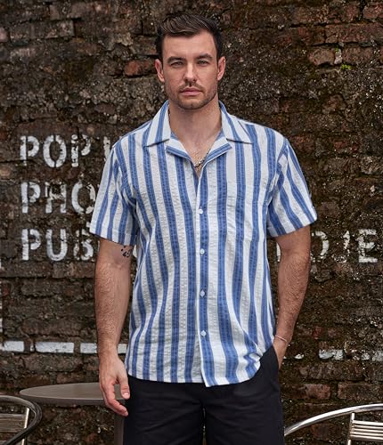 Image of VATPAVE Mens Striped Summer Shirt Casual Button Down Short Sleeve Beach Shirts Cotton Shirts for Men