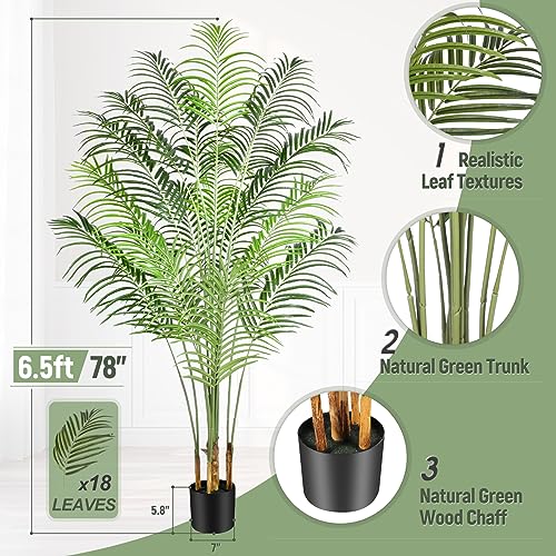 Image of 6.5ft Artificial Palm Tree - 195cm Tall Fake Areca Palm Plant with 18 Leaves and Realistic Bark Design - Faux Tropical Plants with Pot Perfect for Indoor Home, Living Room, or Bedroom Decor