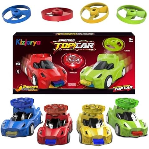 KIZJORYA 4-Pack Toy Racer Car with 4 LED Light up Flashing Spinning Tops & 4 Flying Tops for Kids, Push & Go Vehicles with Spinner Set, for Boys Girls Toddlers Ages 3 4 5 6 7 8+ Cover