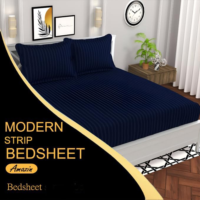 Image of 220 Cotton Feel Glace Cotton Double Bedsheet with 2 Pillow Cover (90x90 inch) Navy Blue