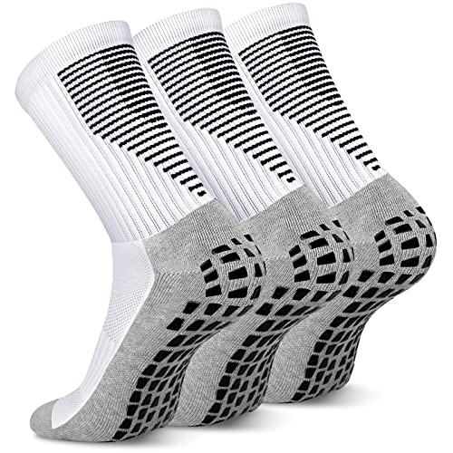 JUYANO 3 Paires Chaussette Football Antidérapante Hommes Femme Respirantes Anti Ampoules Chaussette Grip Football Chaussettes de Sports Basketball Trekking Handball Yoga Aptitude(Blanc)