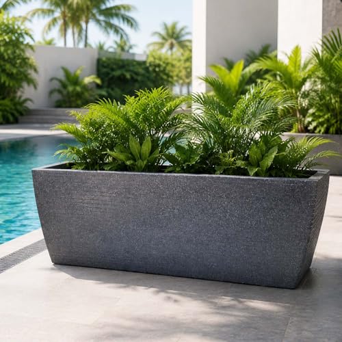 Image of Go Hooked Rectangular Leios Planter Pot 36x14 Inch | Grey Ribbed Design Plastic Flower Pot for Indoor Outdoor Garden Balcony Terrace Living Room | Decorative Long Plant Container with Drainage Hole