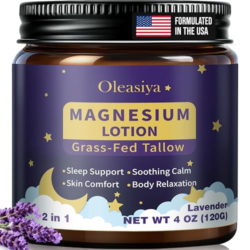 Magnesium Lotion, Grass-Fed Tallow Based Magnesium Cream, Lightweight Magnefsium Lotion for Pain, Sleep Support and Muscle Relaxation, Safe for Kids, Stay Calm at During the Night(Lavender, 4oz)