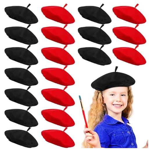 Mepase 20 Pieces Berets for Children French Paris Themed Party Decor Beret Painters Hat Kids Pumpkin Beret(Black, Red)